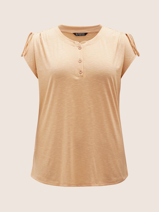 Plain Drawstring Split Sleeve Button Up Sleep Top