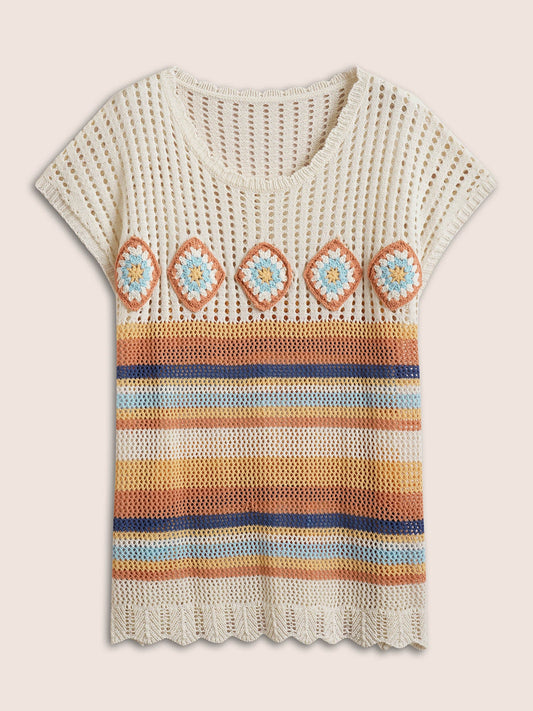 Contrast Striped Crochet Cut Out Swim Cover Up