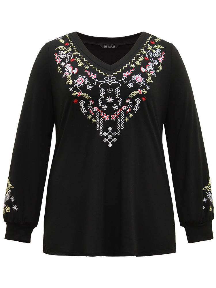 Boho Embroidered V Neck Sweatshirt