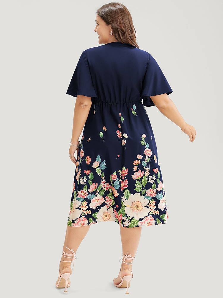 Floral Knot Pocket Flutter Sleeve Knee Dress