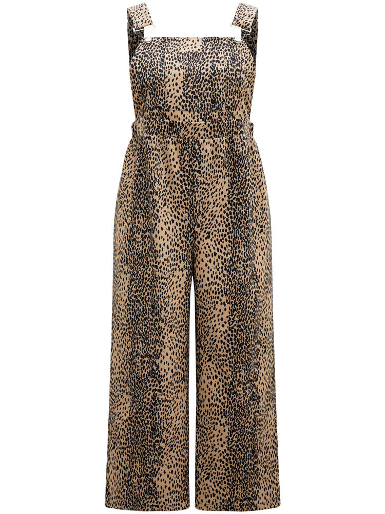 Leopard Adjustable Straps Patched Pocket Jumpsuit