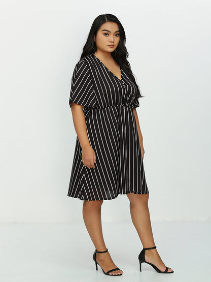 Striped Surplice Neck Short Sleeve Dress