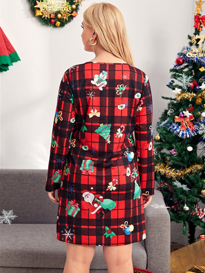 Plaid And Christmas Print Tee Dress