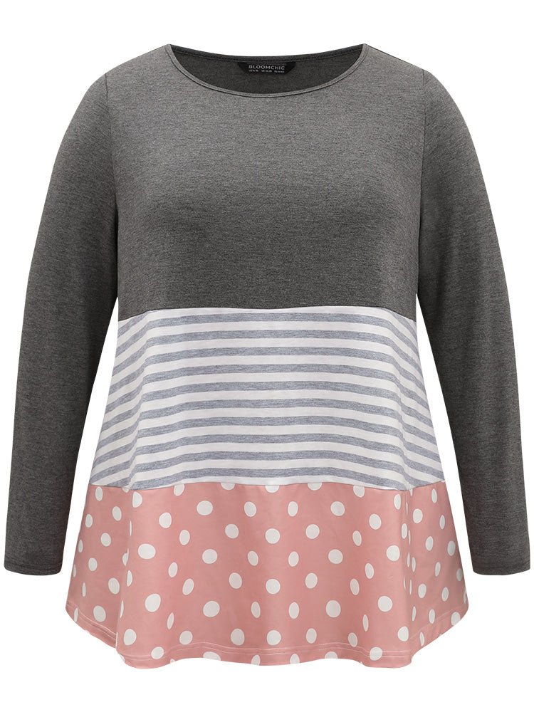 Striped Polka Dot Patchwork Contrast Round Neck T-shirt