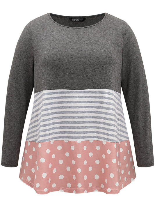 Striped Polka Dot Patchwork Contrast Round Neck T-shirt