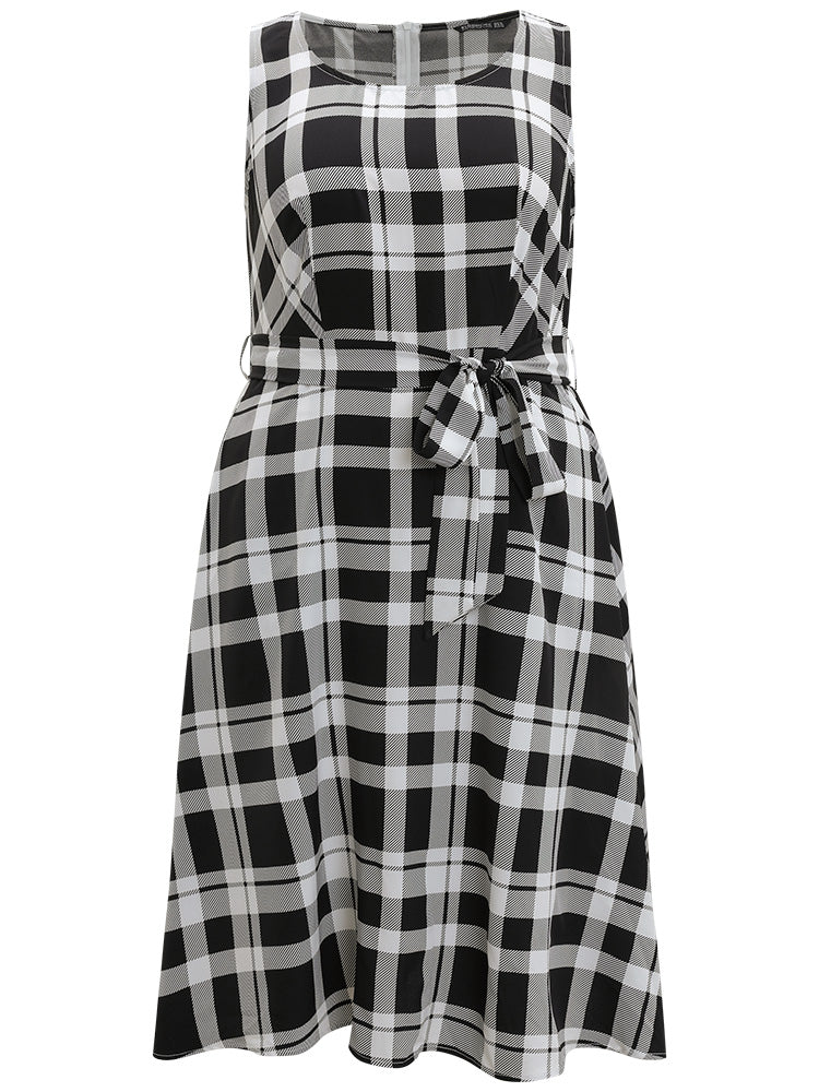Plaid Pocket Zipper Belted Sleeveless Dress