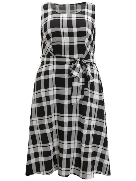 Plaid Pocket Zipper Belted Sleeveless Dress