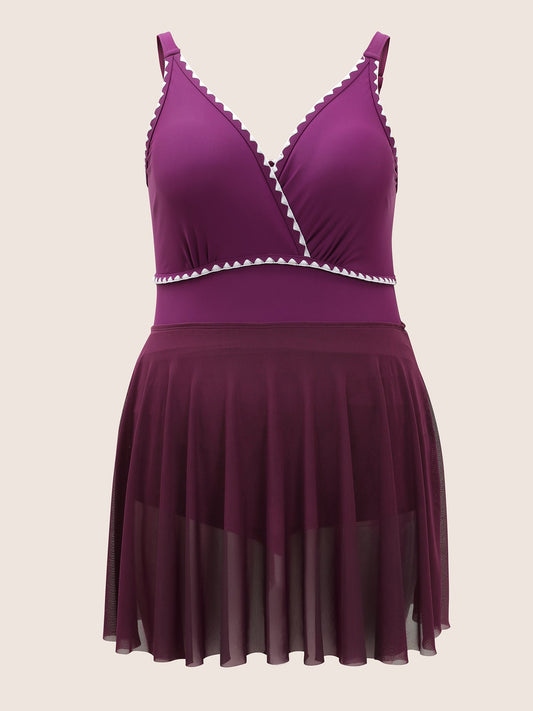 Contrast Embroidered Overlap Collar Swim Dress