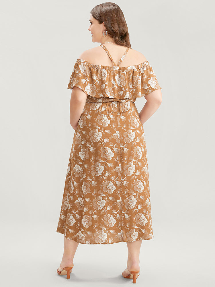 Floral Print Ruffles Pocket Split Hem Halter Dress