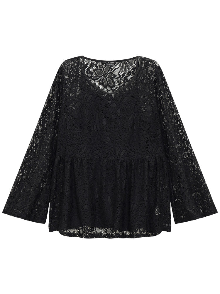 Plain Contrast Lace Mesh Gathered Bell Sleeve T-shirt