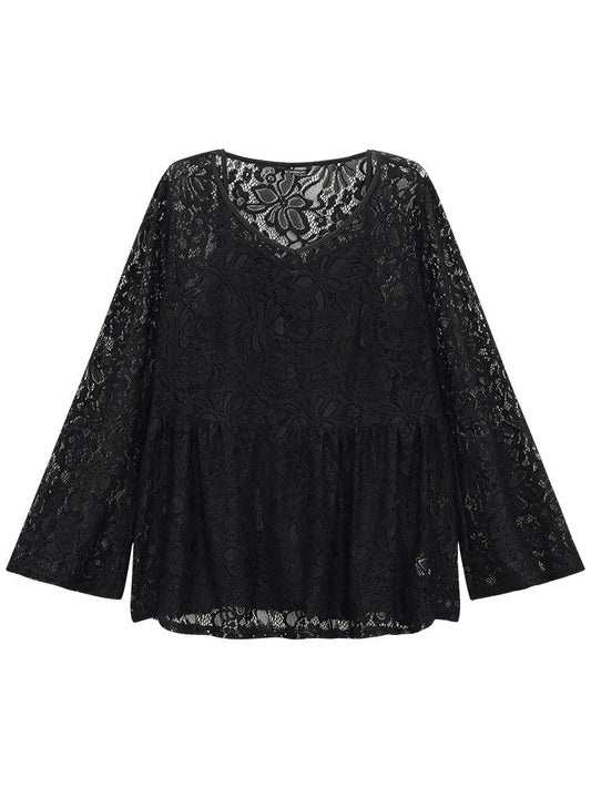 Plain Contrast Lace Mesh Gathered Bell Sleeve T-shirt