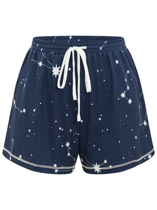 Star Print Stitch Drawstring Elastic Waist Pocket