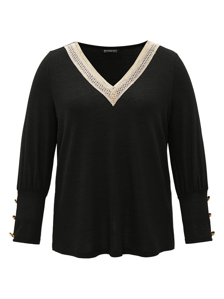 Guipure Lace Button Detail V Neck Elastic Cuffs T-shirt