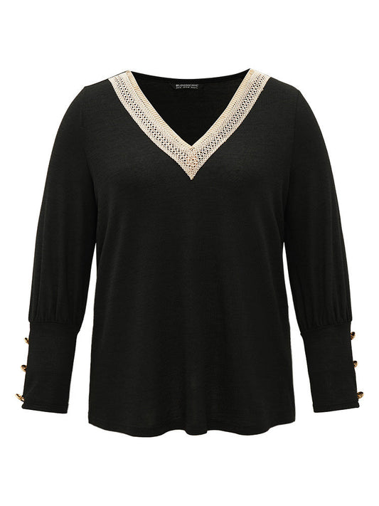 Guipure Lace Button Detail V Neck Elastic Cuffs T-shirt