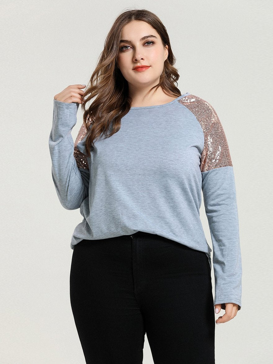 Sequin Patchwork Round Neck T-shirt