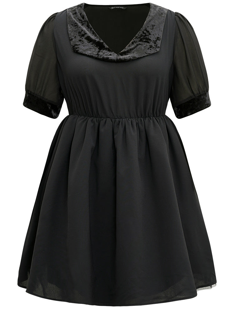 Halloween Plain Lapel Collar Lantern Sleeve Mesh Dress