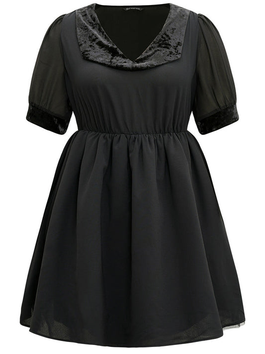 Halloween Plain Lapel Collar Lantern Sleeve Mesh Dress