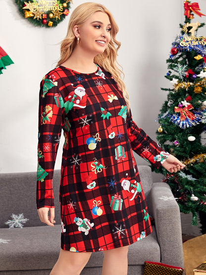Plaid And Christmas Print Tee Dress