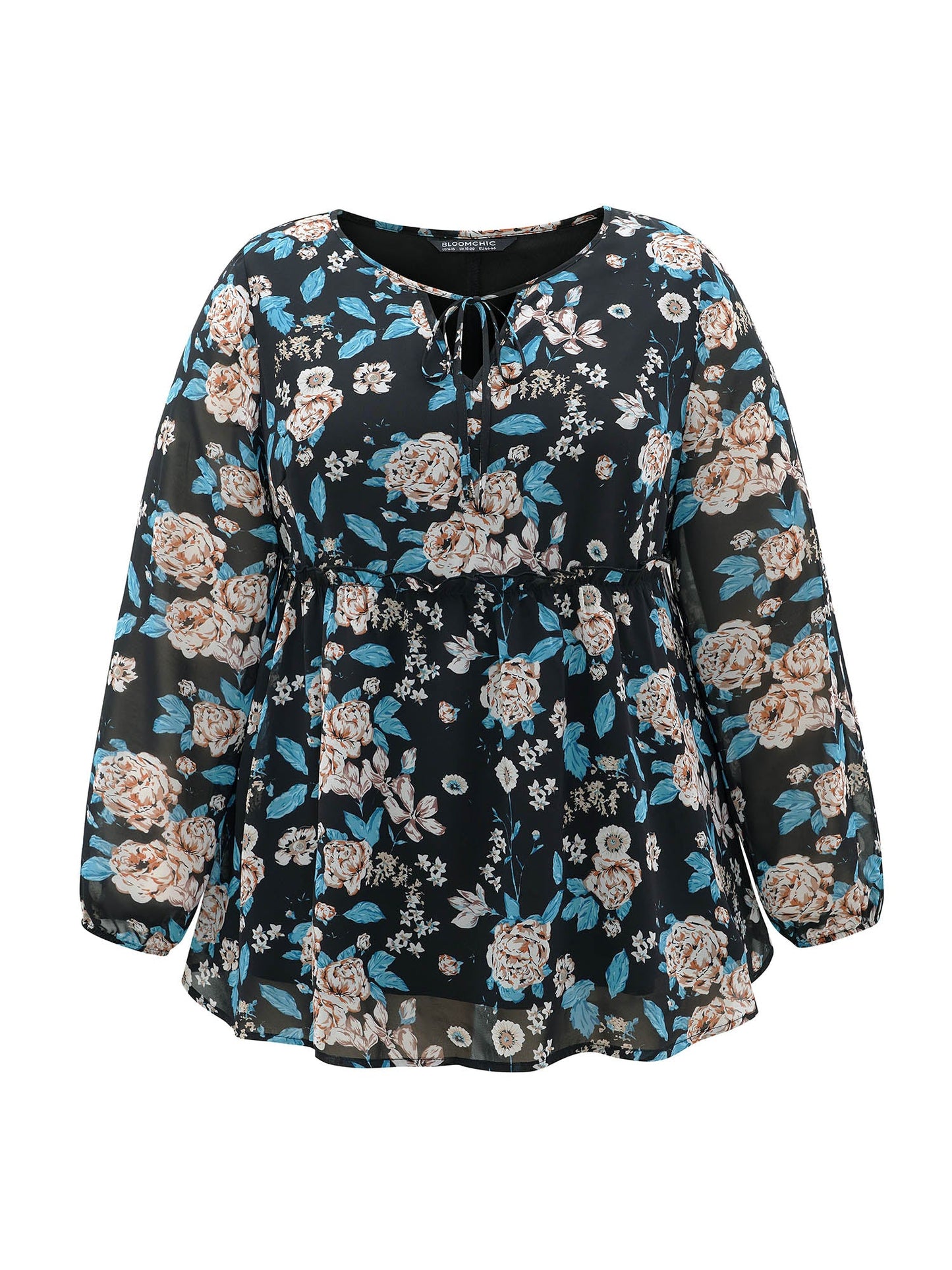 Chiffon Floral Print Ties Flutter Trim Blouse