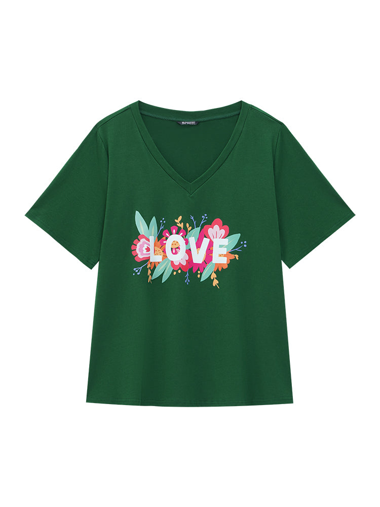 Letter Print V Neck Graphic T-shirt
