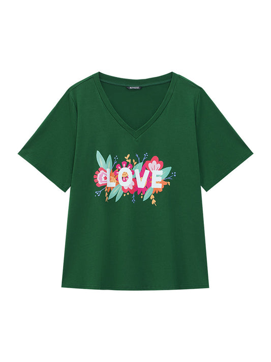 Letter Print V Neck Graphic T-shirt