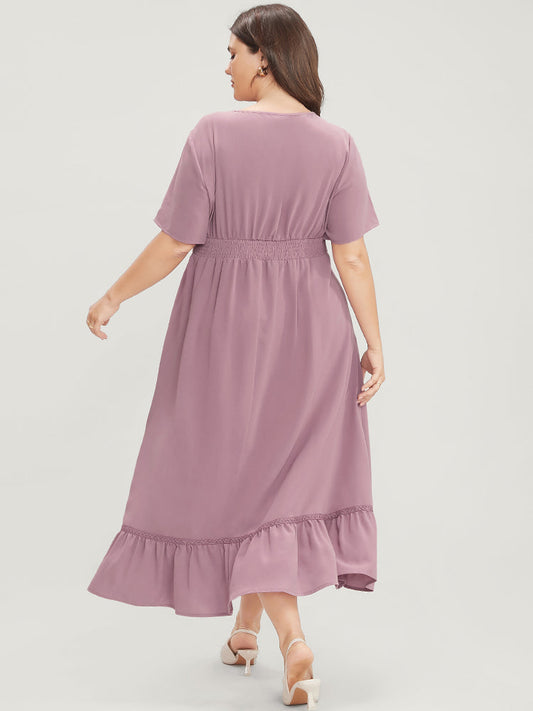 Solid Lace Pocket Button Detail Ruffle Hem Dress