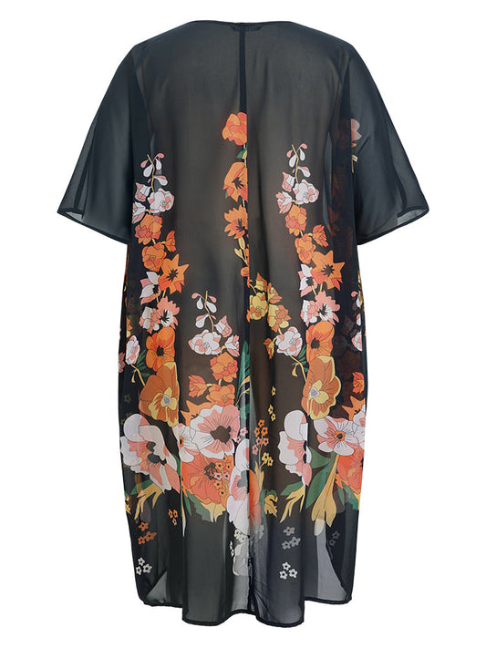 Floral Print Open Front Pocket Kimono