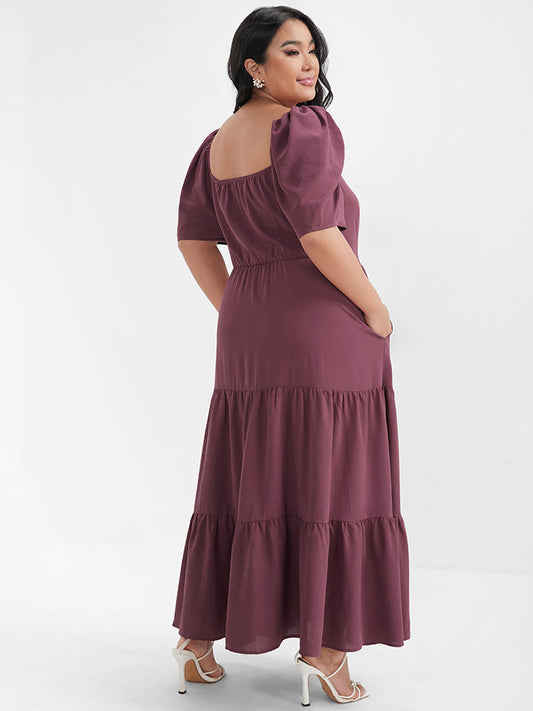 Plain Button Puff Sleeve Flutter Pocket Maxi Dress