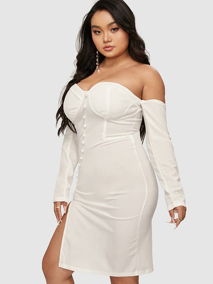 Button Detail Bustier Split Tube Bodycon Dress
