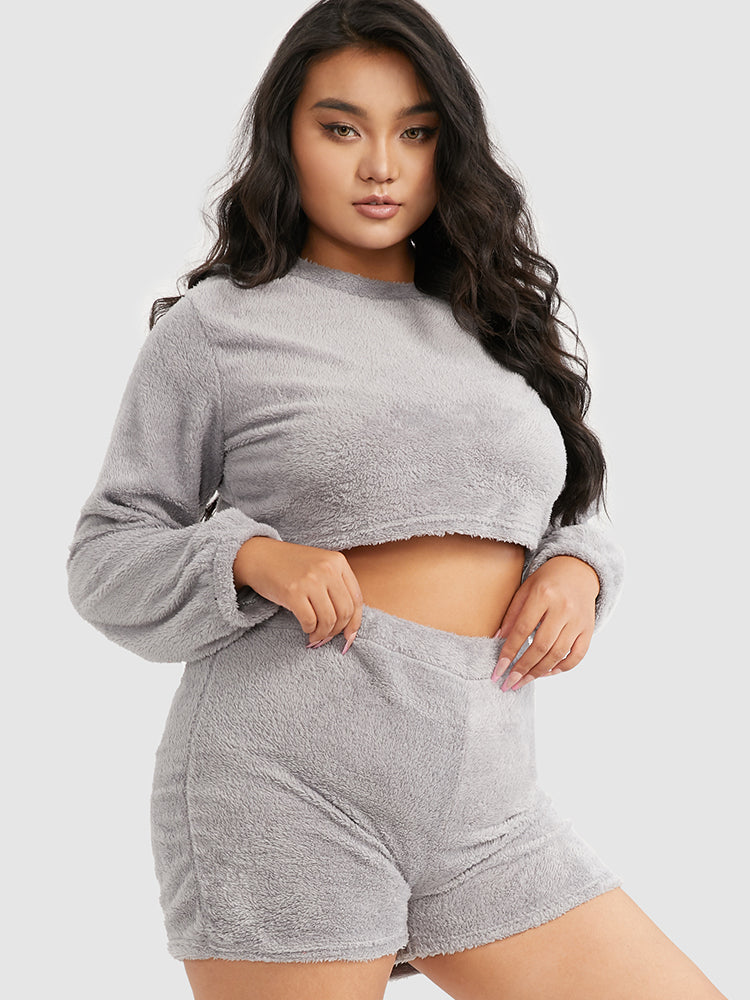 Solid Crop Top & Shorts Flannel Lounge Set