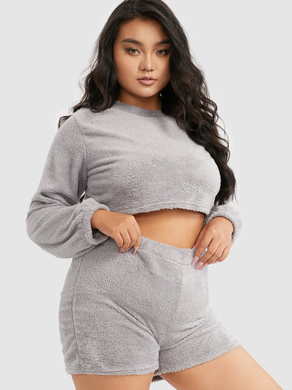 Solid Crop Top & Shorts Flannel Lounge Set