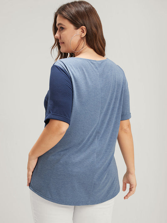 Colorblock Contrast Fake Button Cuffed Sleeve T-shirt