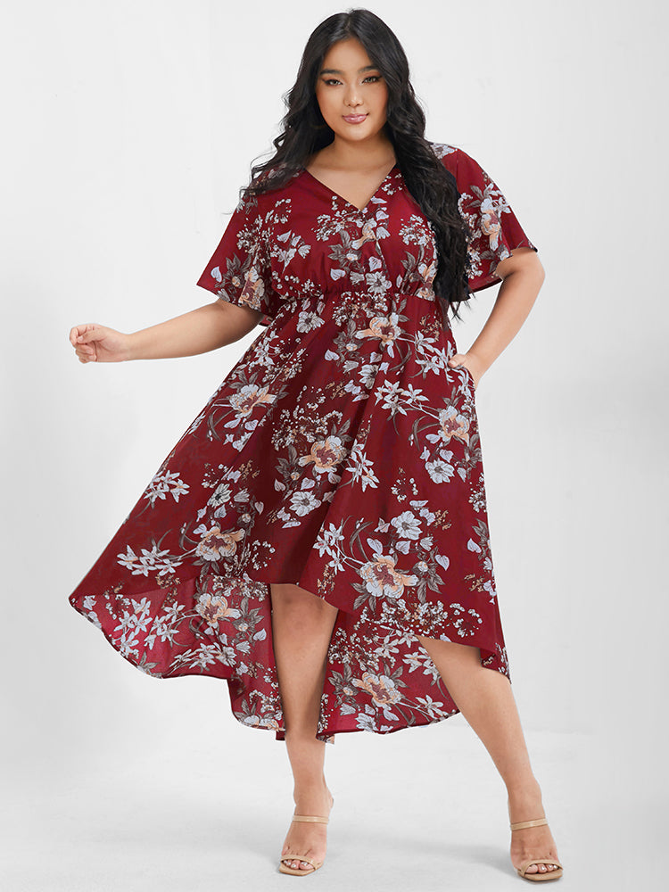 Bloom Dress - Floral Flutter Pocket Button Asymmetrical Hem Wrap Dress