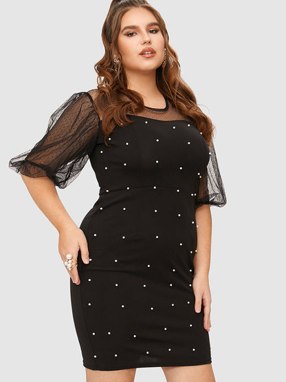 Beaded Contrast Mesh Bodycon Dress