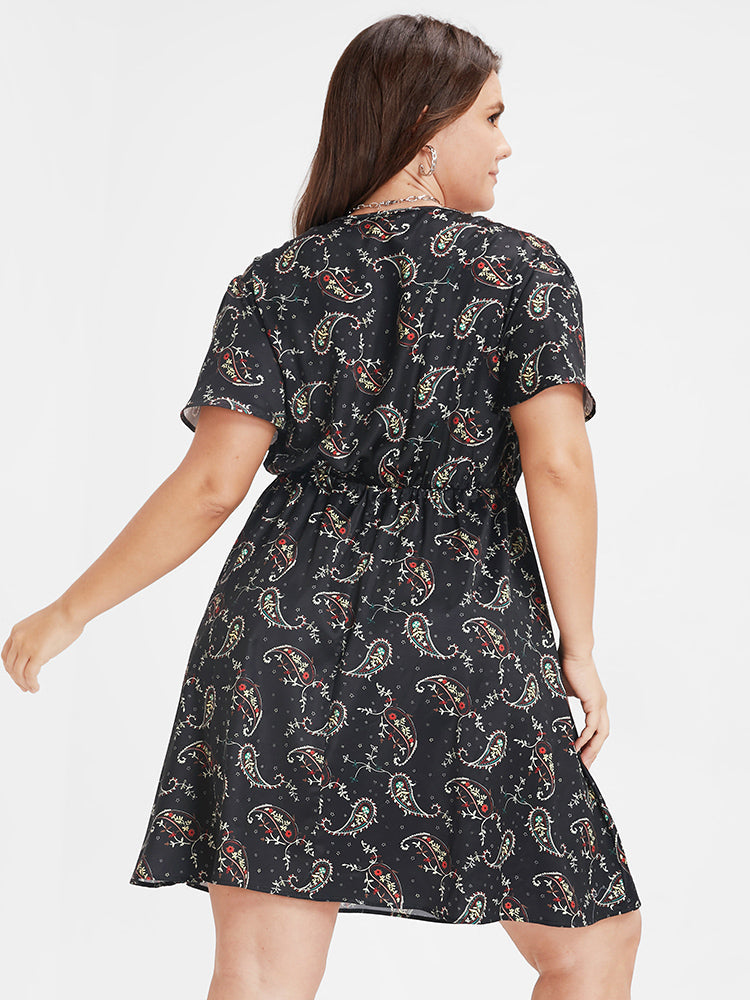 Paisley Flutter Sleeve Knotted Short Dress