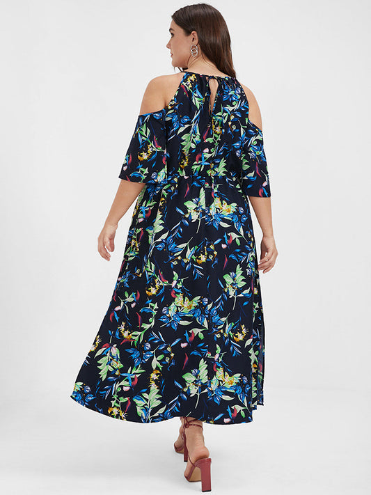 Floral Pocket Split Keyhole Ties Back Cold Shoulder Dress