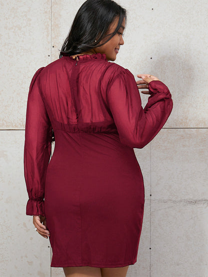 Ruffle Neck Mesh Sheer Bodycon Dress