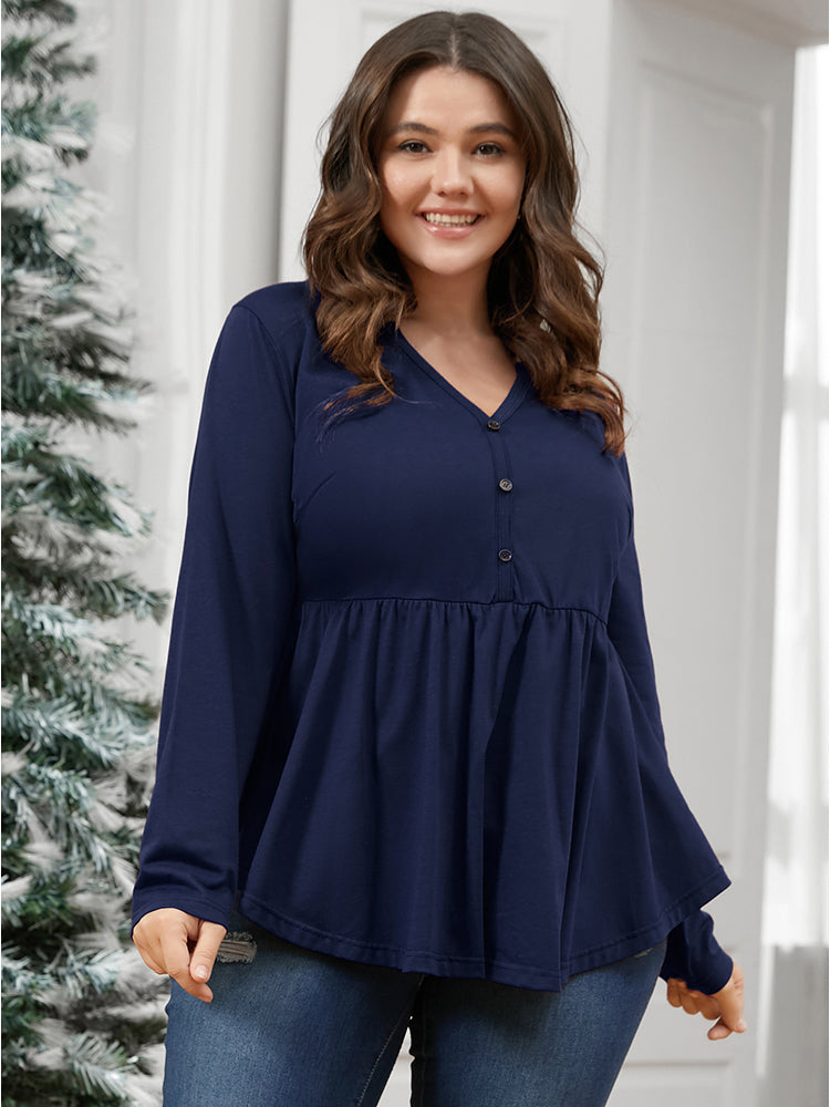 Solid Button Detail Ruffle Hem Long Tee