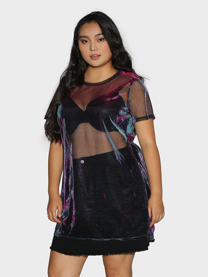 Crew Neck Reflective Mesh Sheer Dress