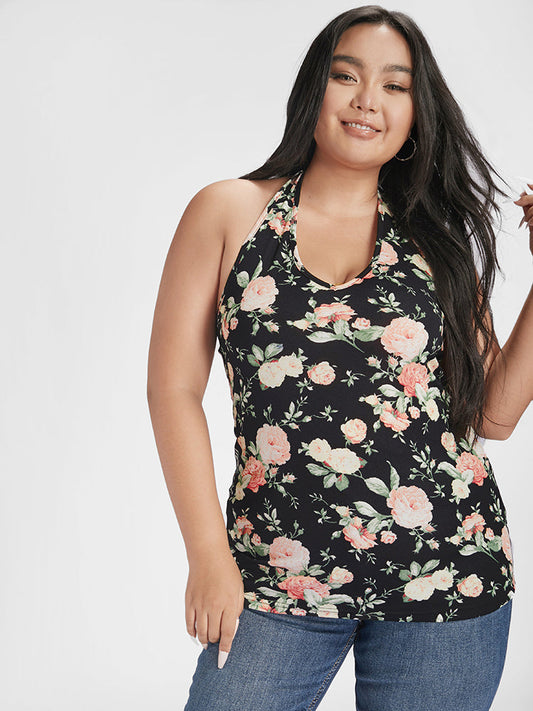 Floral Print Halter Backless Tank Top
