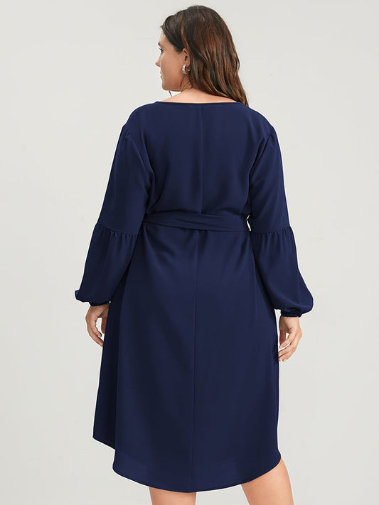 Solid Lantern Sleeve Button Pocket Belted Arc Hem Dress