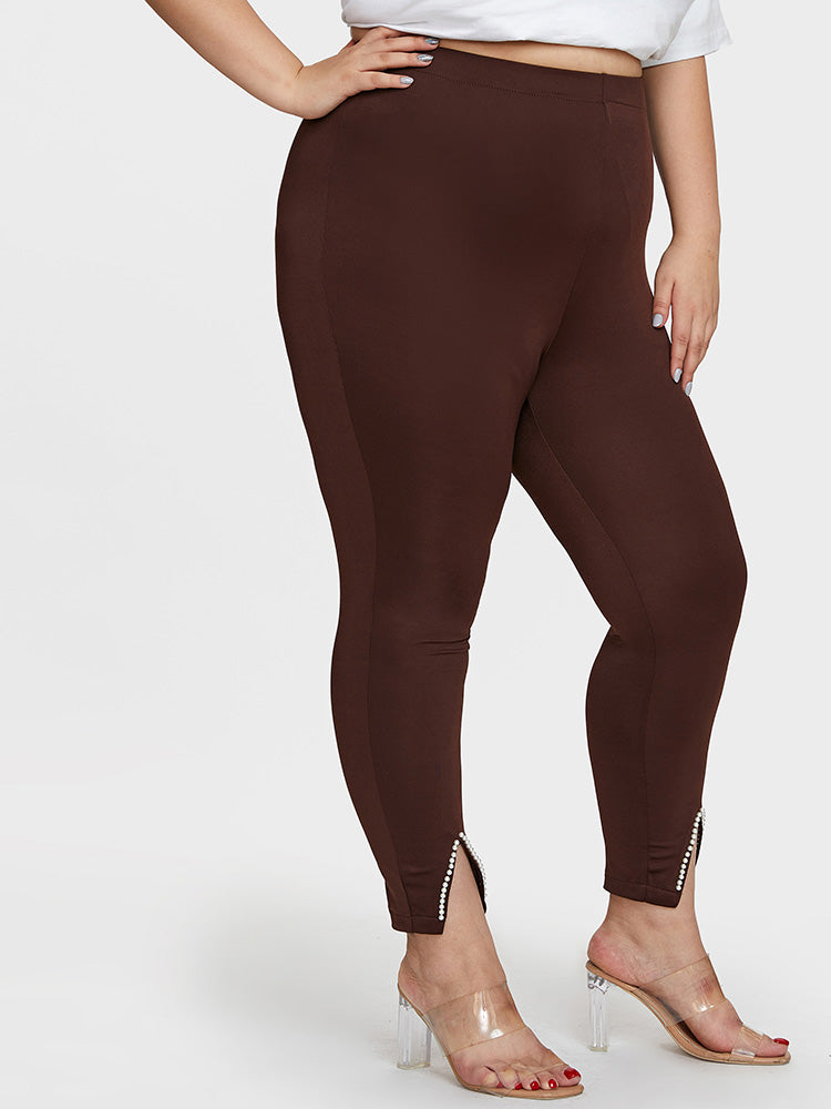 Beaded Slit Solid Bodycon Pants