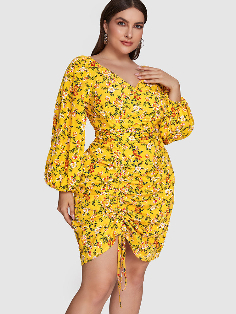Ditsy Floral Ruched Drawstring Bodycon Dress