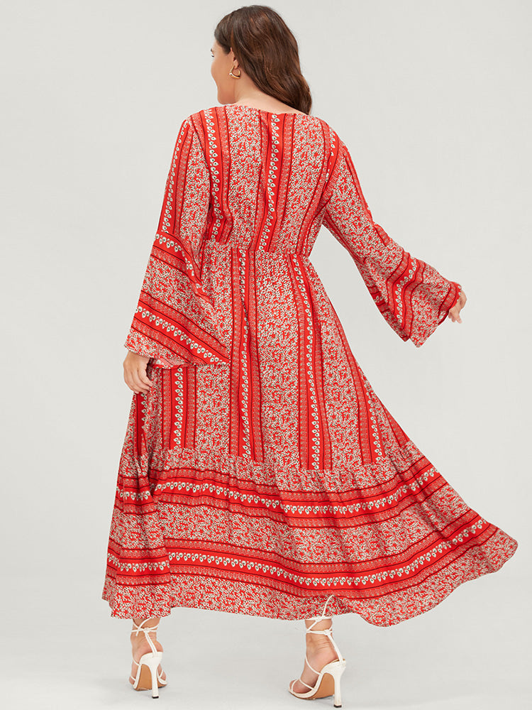 Striped Pocket Bell Sleeve Button Ruffles Hem Wrap Maxi Dress