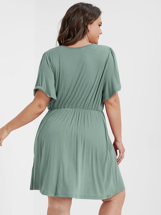 Solid Flutter Sleeve Zipper Pocket Modal  Dress