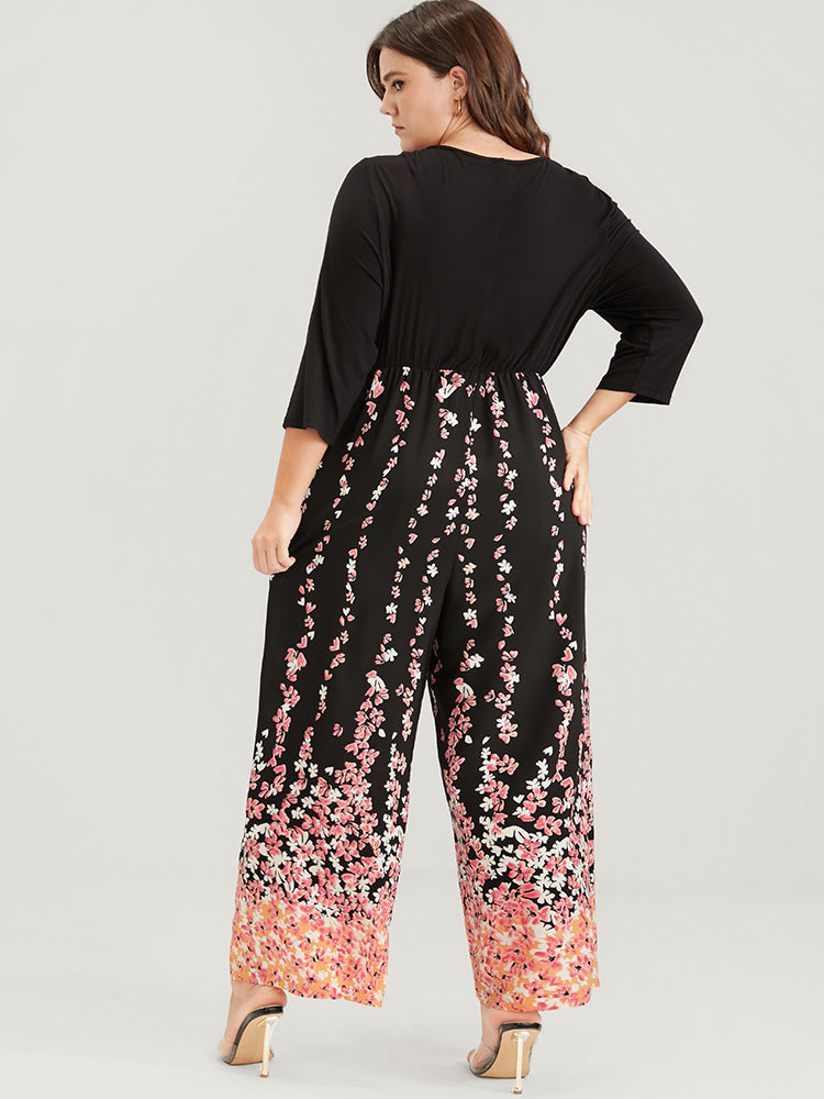 Floral Contrast Pocket Button Surplice Neck Jumpsuit