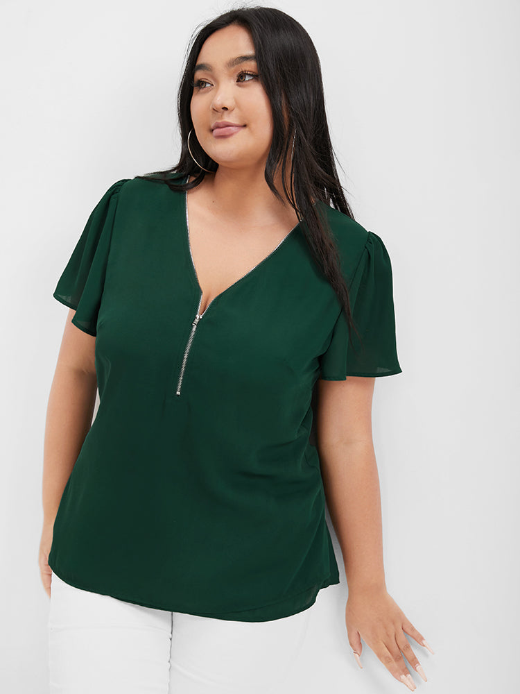 Solid Half Zipper V Neck Blouse