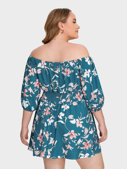 Floral Off Shoulder Shirred Dress