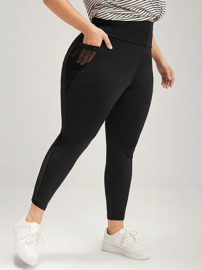 Plain Mesh Pocket Wide Waistband  Leggings