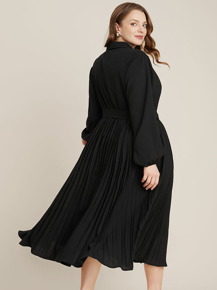 Solid Shirt Collar Button Up Pocket Belted Pleated Hem Dress